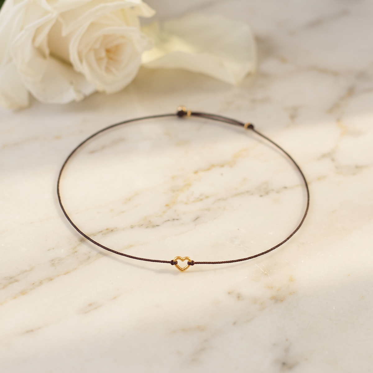 24k 999 Gold Heart Charm Ultra Thin Cord Adjustable Unisex Couple Bracelet