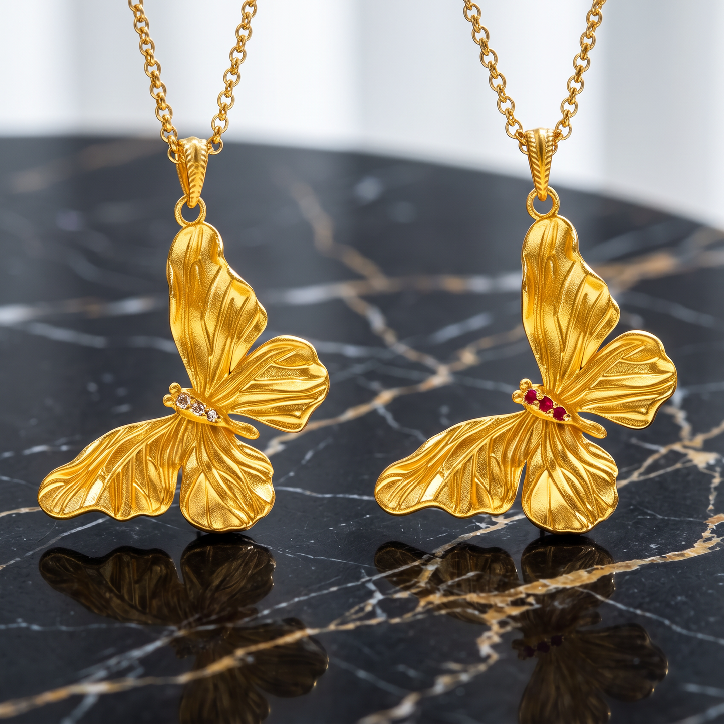 24k 999 Fine Gold Vintage Style Butterfly Emerald Moissanite Pendant