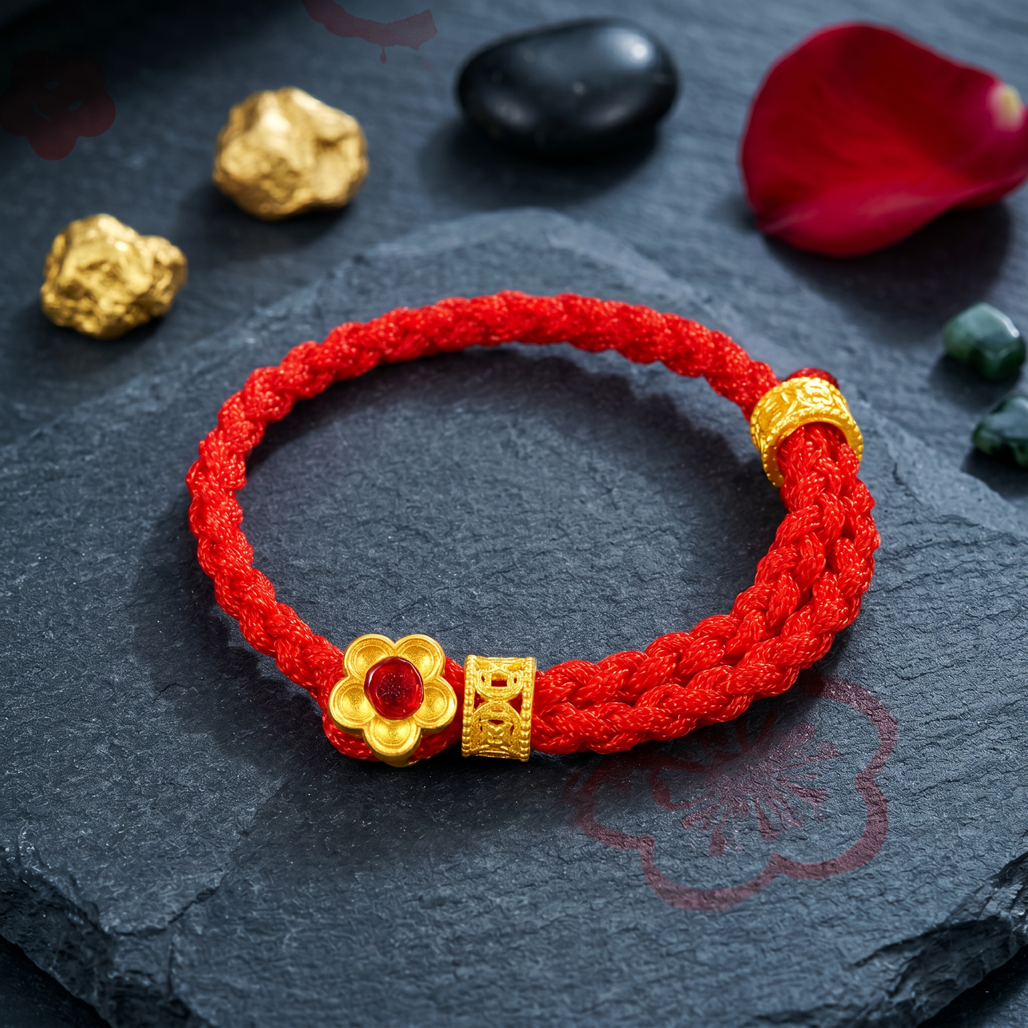 24K 999 Gold Flower Adjustable Red String Ring