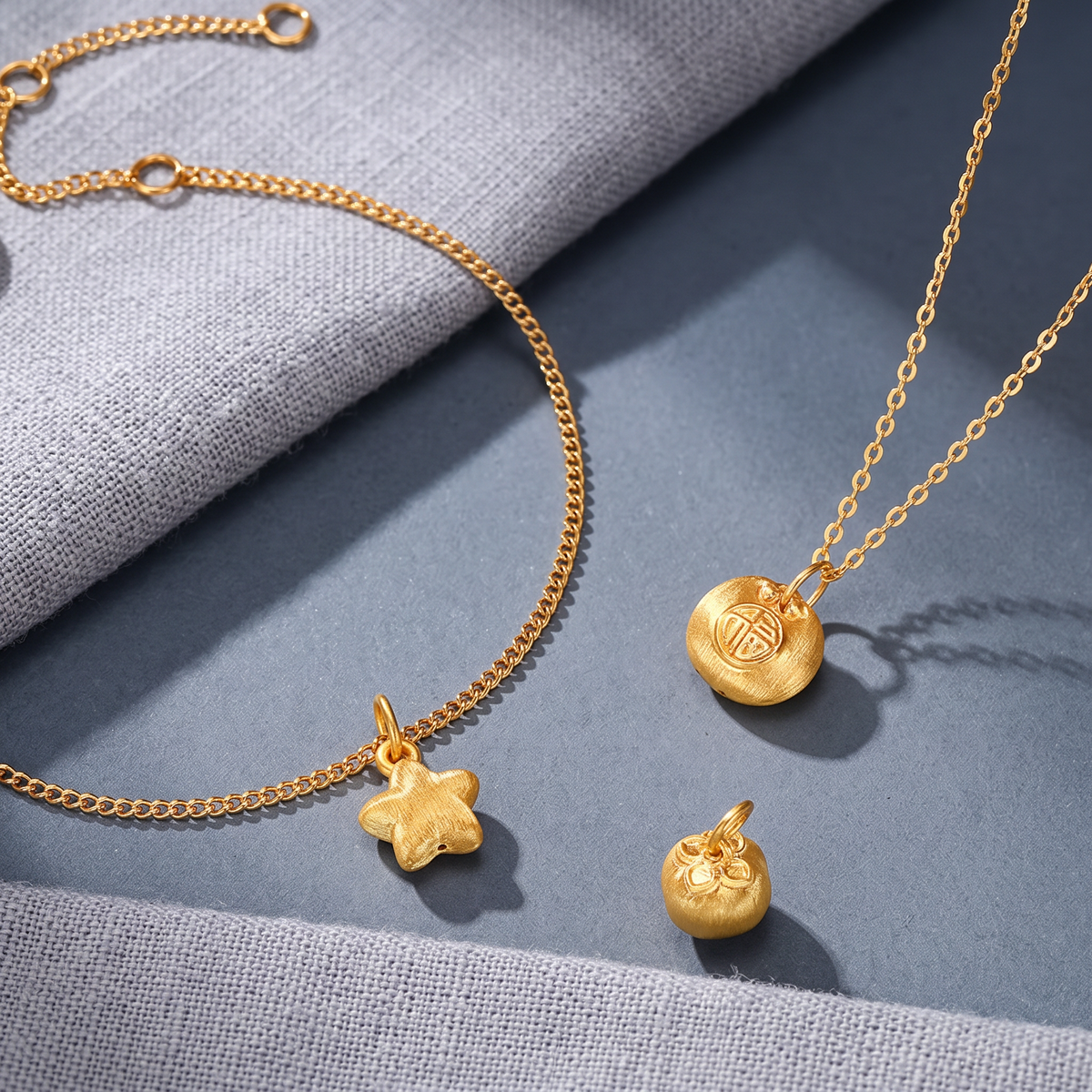 24k 999 Gold Persimmon Star and Blessing Lock Charm D.I.Y Pendant