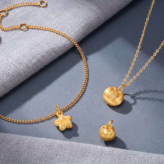24k 999 Gold Persimmon Star and Blessing Lock Charm D.I.Y Pendant