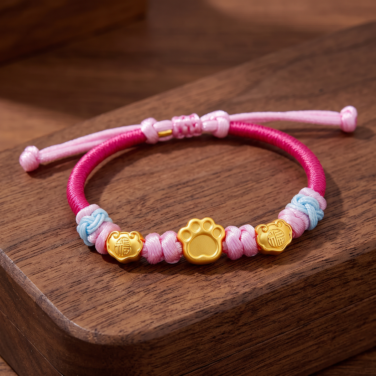 24K 999 Gold Cat Dog Paw Charm Adjustable Woven Bracelet Babyshower Kid Birthday Gift