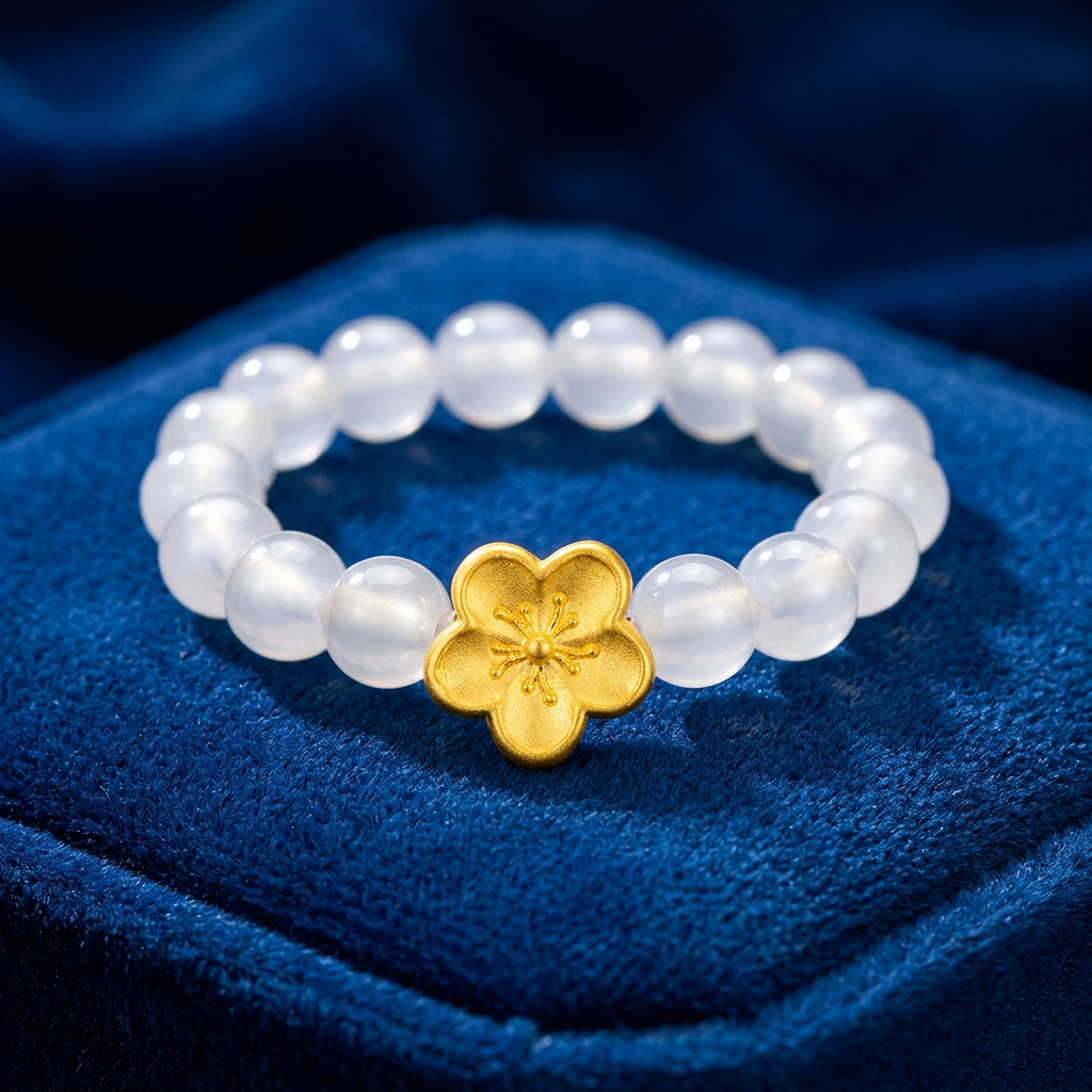 24K 999 5D Hard Gold Mini Cherry Blossom Charm White Agate Ring