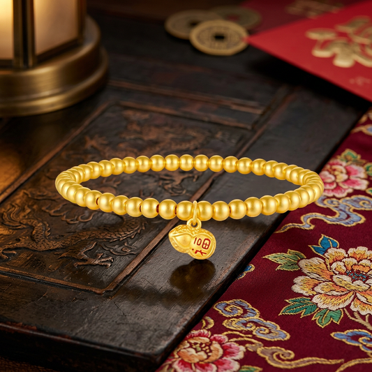 24K 5D Gold Minimal Beads Peanut Blessing Charm Bracelet