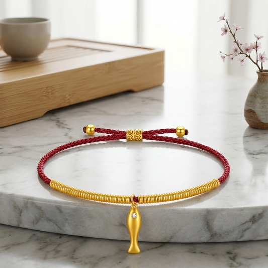 24K 999 Gold Lucky Fish Charms Braided Cord Adjustable Bracelet