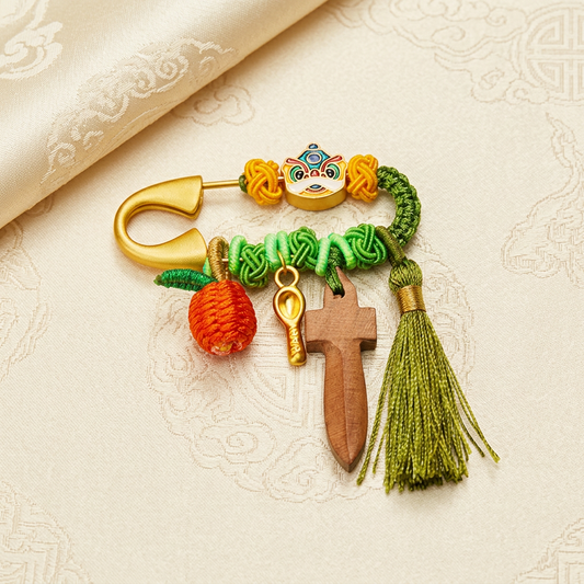 24k 999 Gold Chinese Blessing Pin Brooch Wood Cross and Spoon Baby Babyshower Gift