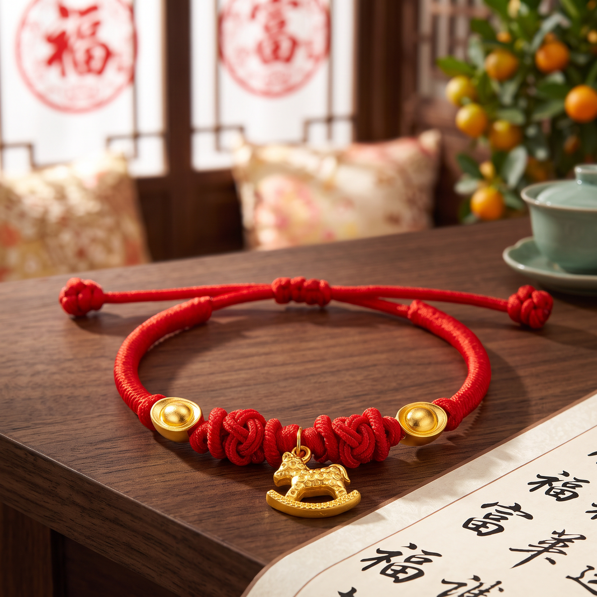 24K 999 Gold Little Horse Zodiac Ingot Charm Adjustable Woven Bracelet Babyshower Kid Birthday Gift