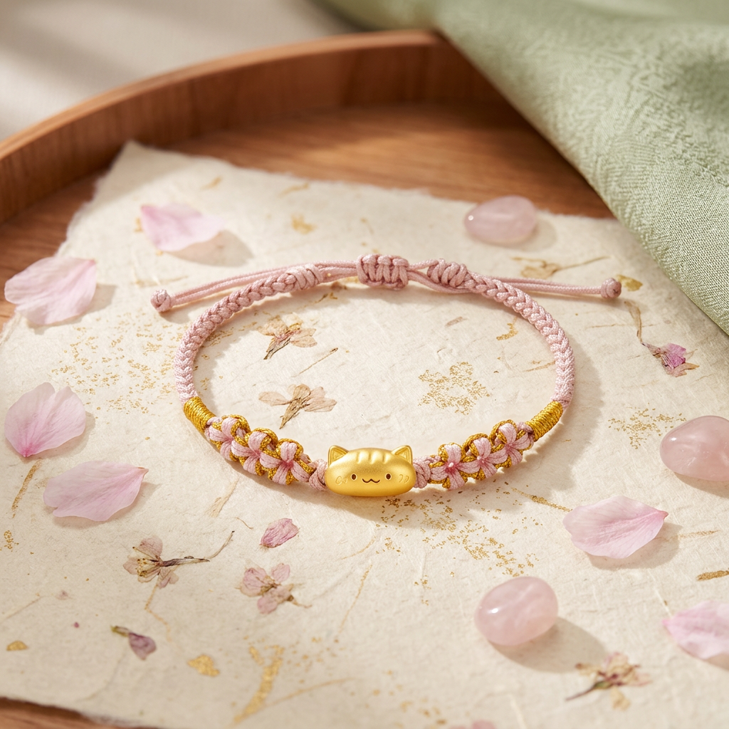 24K 999 5D Hard Gold Kitty Cat Charm Braided Weaving Bracelet