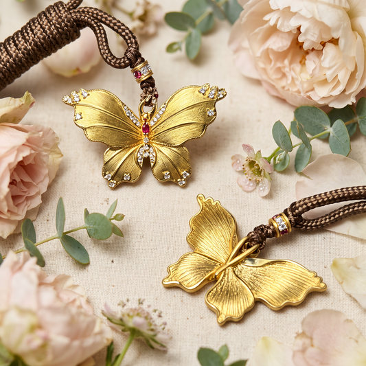 24K 999 Gold Vintage-Style Textured Gemstone Accent Butterfly Pendant