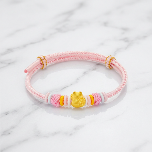 24K 999 5D Hard Gold Fortune Lucky Cat Maneki-neko Charm Weaving Bracelet