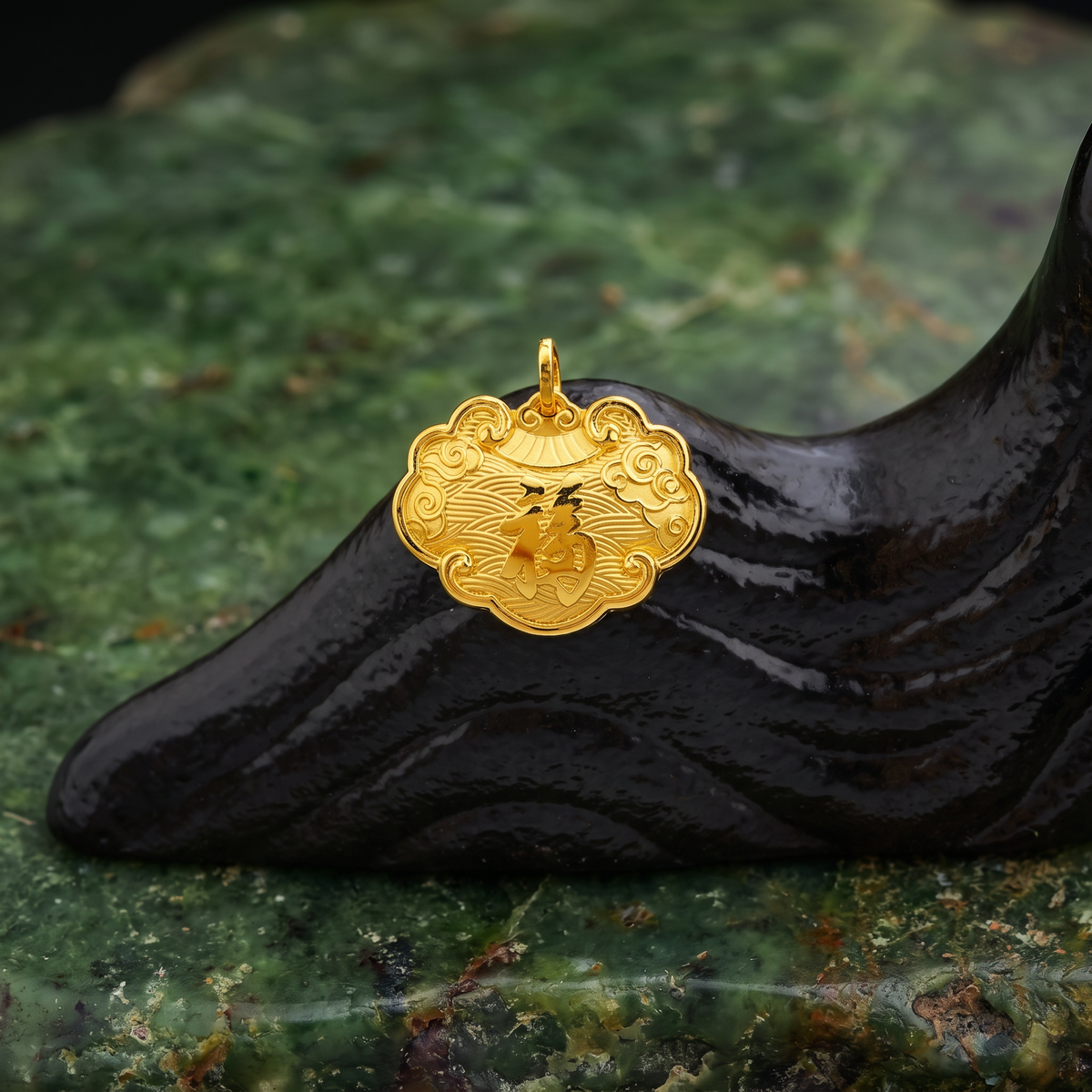 24K 999 Fine Gold Double Side Embossed Chinese Good Fortune Fu Lock Pouch Pendant D.I.Y Charm