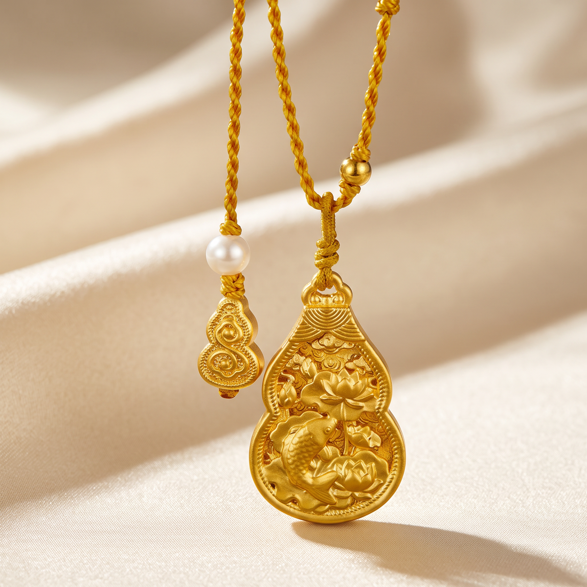 24k 999 Gold Fortune Lotus and Koi Detailed Lucky Gourd Pendant