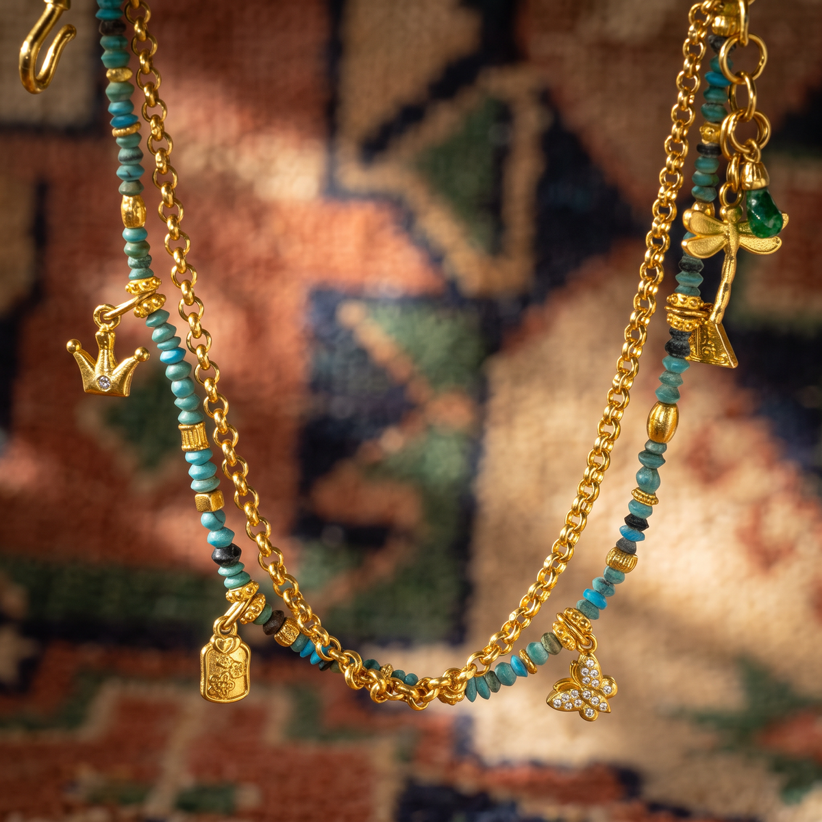 24k 999 Gold Double Layer Glass Bead Mini Crown Charm Good Fortnue Dangling Accents Bracelet