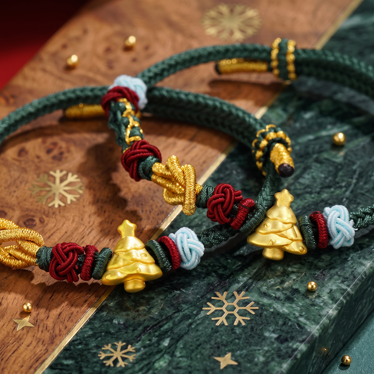 24k 999 Gold Christmas Tree Charm Woven Bracelet Holiday Gift