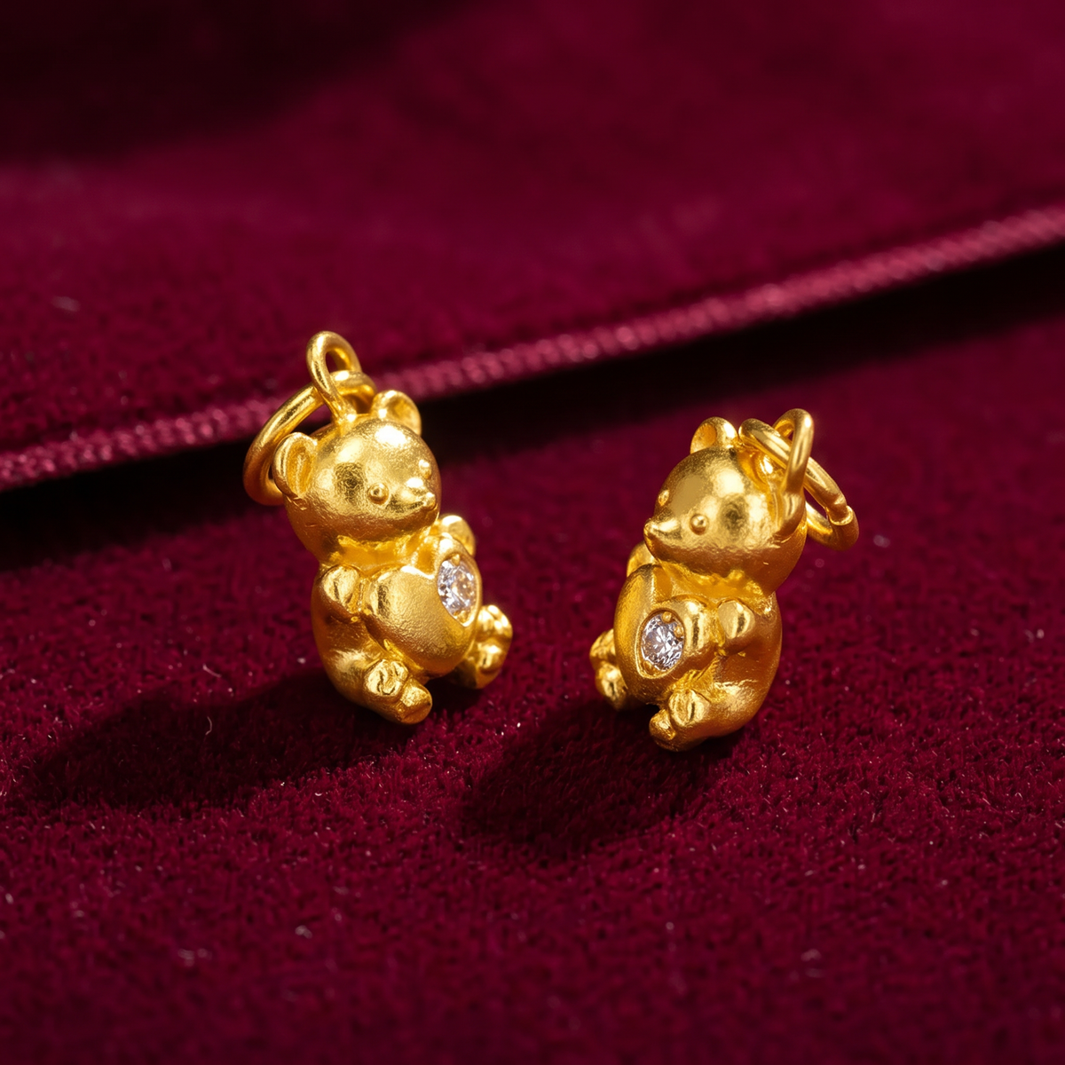 24K 999 Gold Cute Mini Teddy Bear Zirconia Heart Charm D.I.Y Charm