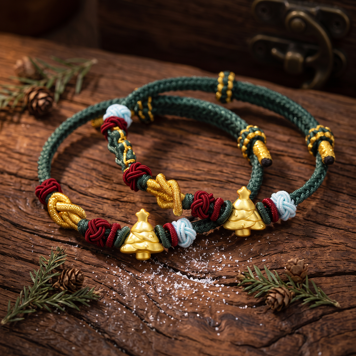 24k 999 Gold Christmas Tree Charm Woven Bracelet Holiday Gift
