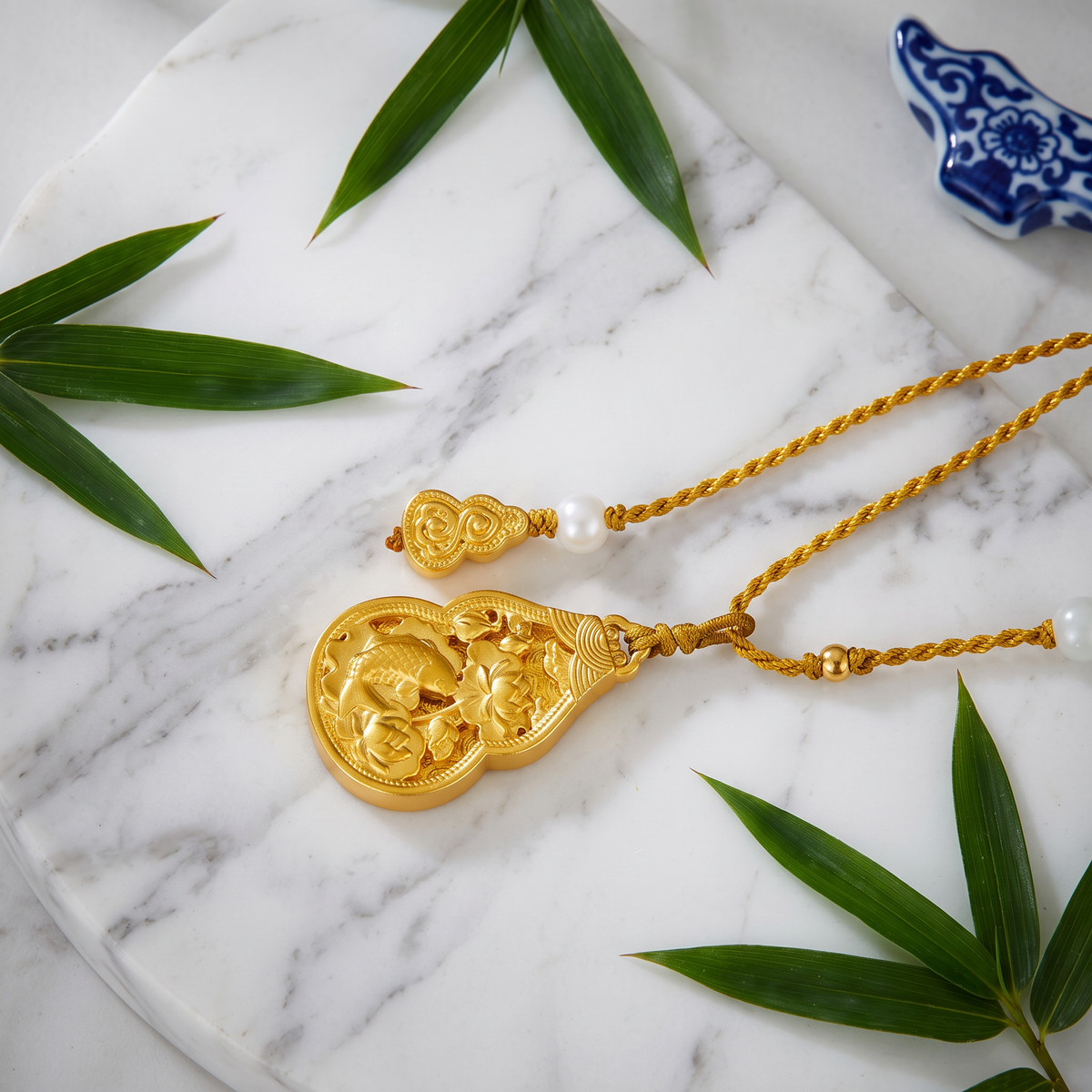 24k 999 Gold Fortune Lotus and Koi Detailed Lucky Gourd Pendant