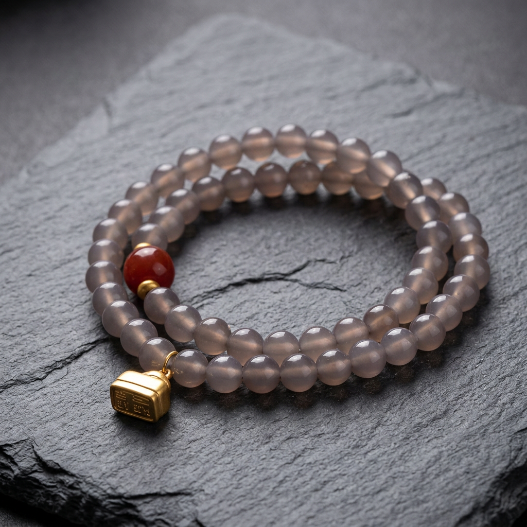 24k Pure 999 Gold Charm Natural Gray Agate & Nanhong Agate Beads Cherish Blessings Bracelet