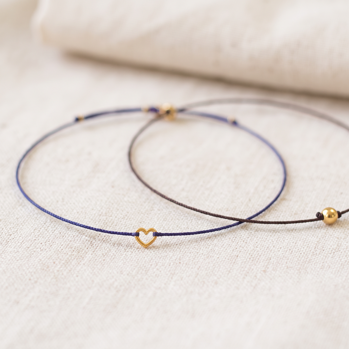 24k 999 Gold Heart Charm Ultra Thin Cord Adjustable Unisex Couple Bracelet