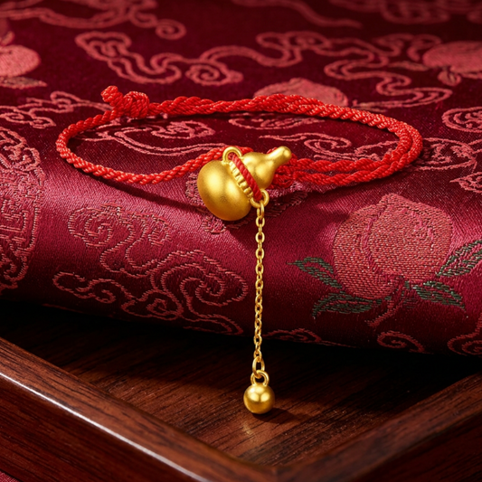 24K Gold Wealth Gourd Charm Dangle Bead with Braided Bracelet