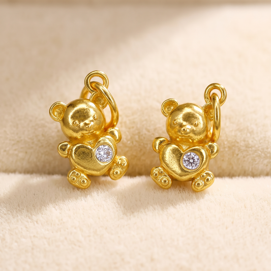 24K 999 Gold Cute Mini Teddy Bear Zirconia Heart Charm D.I.Y Charm