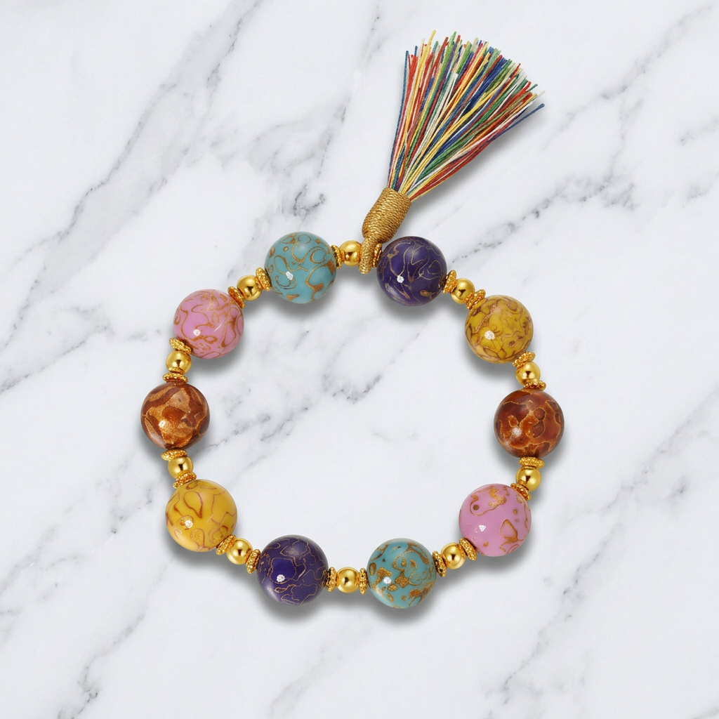24k Gold Multicolor Enamel Agate Tassel Beads Bracelet