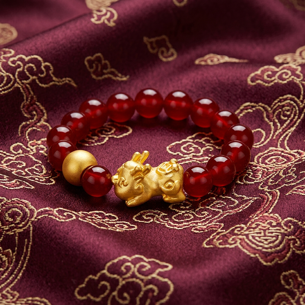24K 999 5D Hard Gold Pixiu Charm Agate Beads Lucky Ring