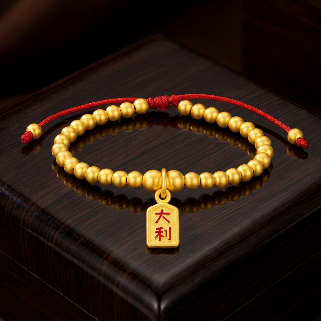 24K 5D Hard Gold Great luck prosperity Chinese Charm Beads Weaving Bracelet
