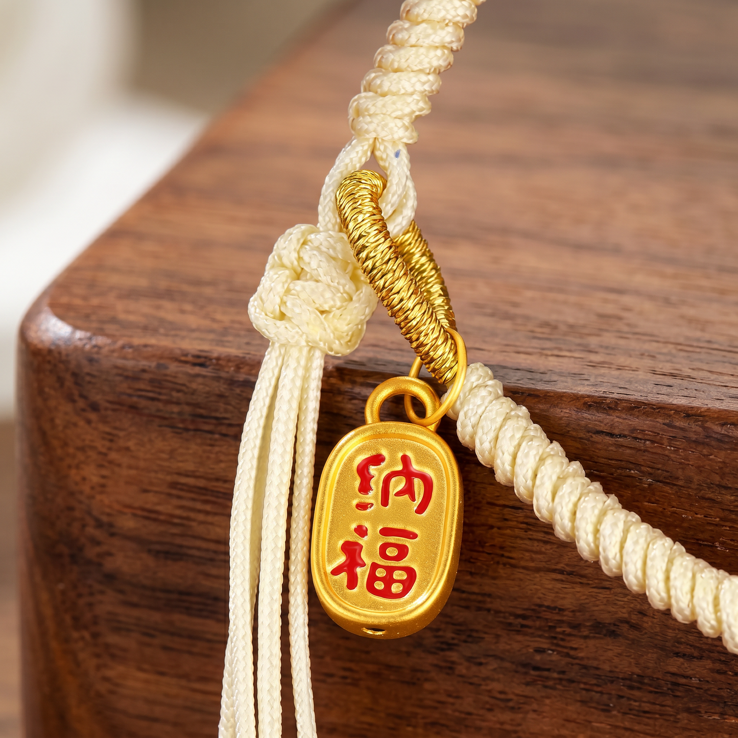 24K 999 Gold Enamel Dance Lion Charm String Cord Adjustable Bracelet