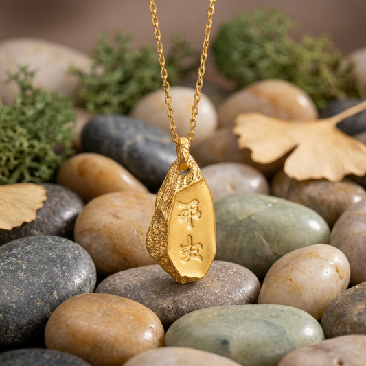 24k Solid Gold "Ping An" Chinese Peace Protection Blessings Pendant
