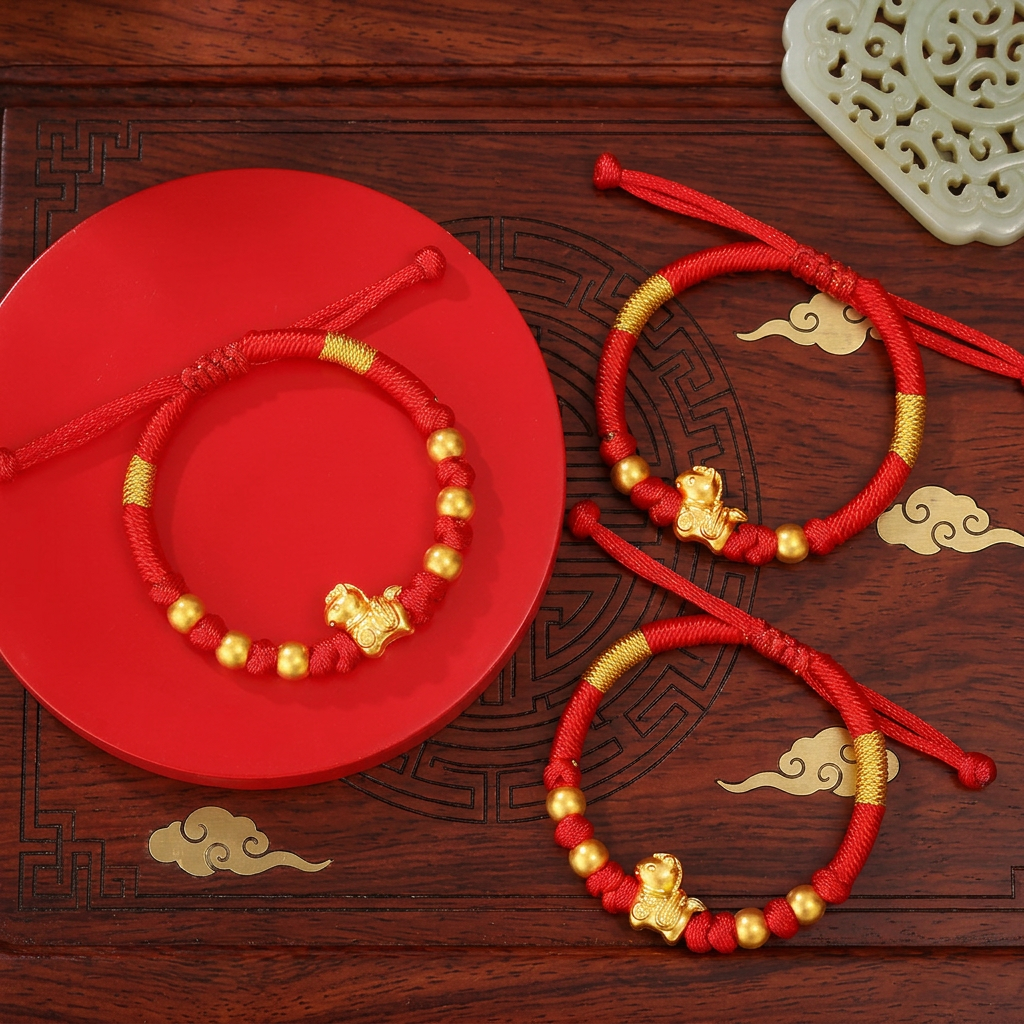 24K 999 Gold Zodiac Horse Charm Red String Braided Bracelet Infants and Children Gift