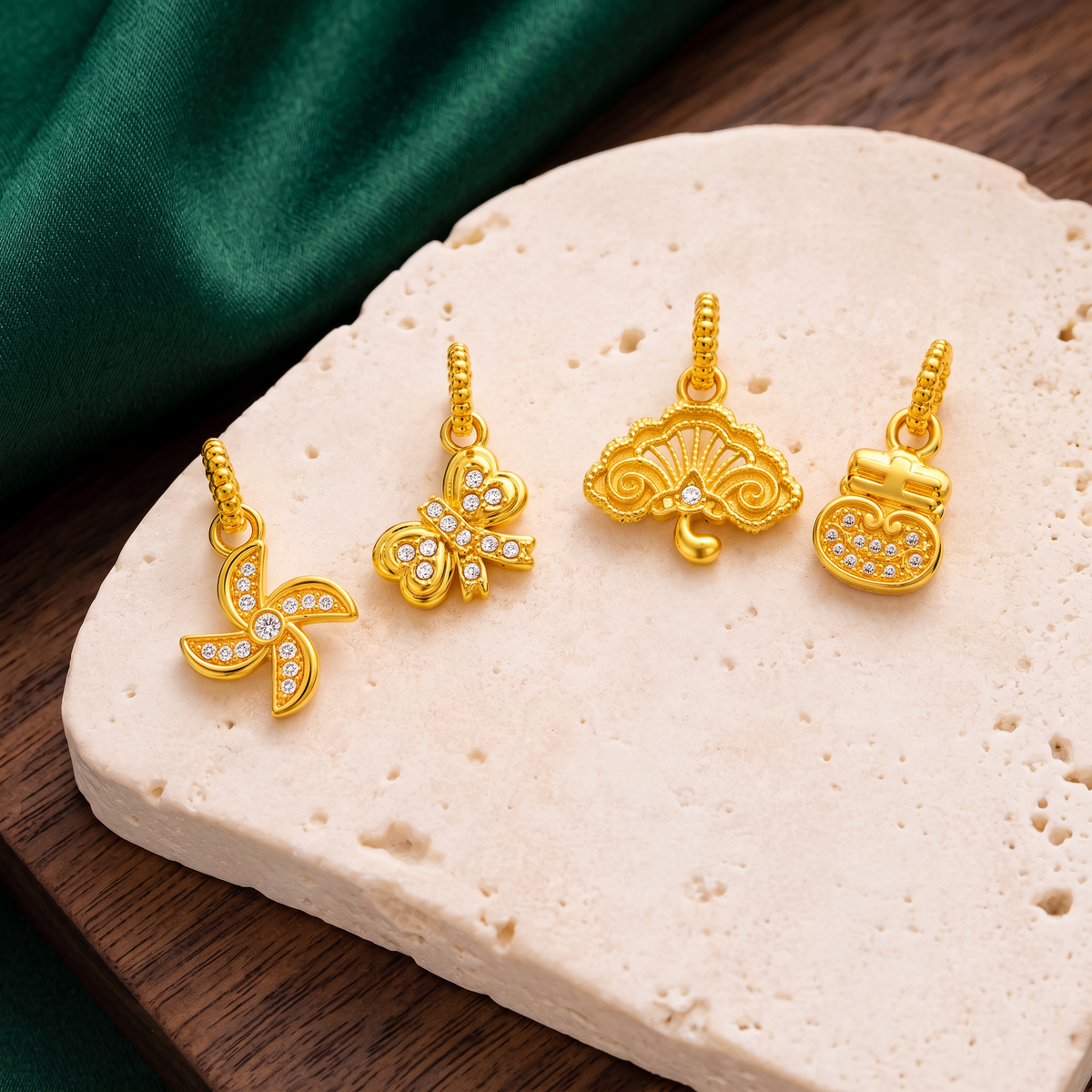 24K 999 Gold Windmill Fan Good Fortune Lock Bow Charm Pendant