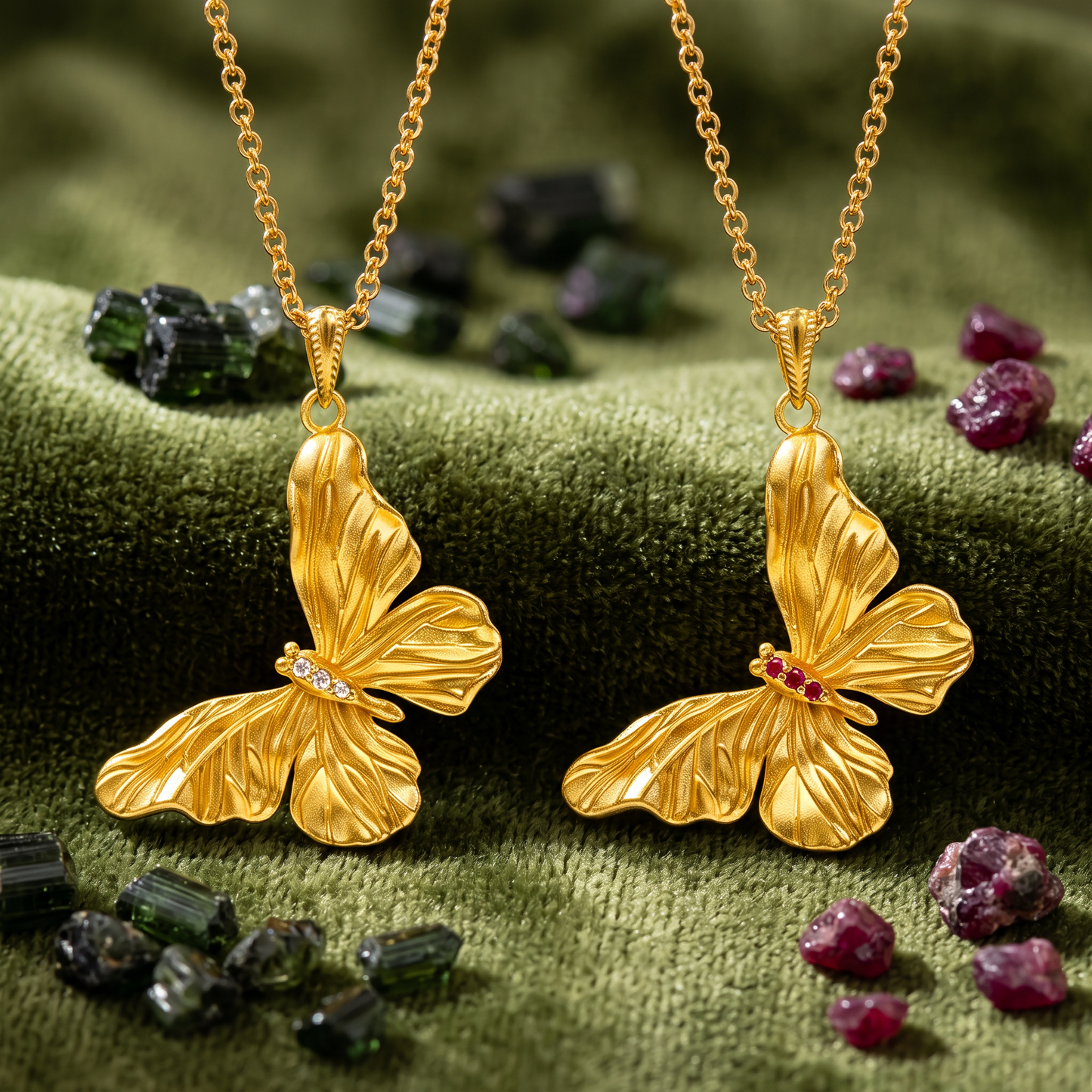24k 999 Fine Gold Vintage Style Butterfly Emerald Moissanite Pendant