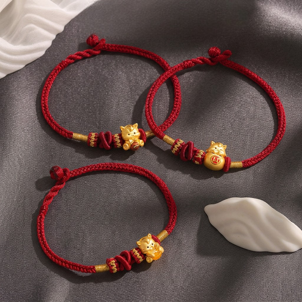 24K Gold Beads Zodiac Horse Charm with Braided Bracelet
