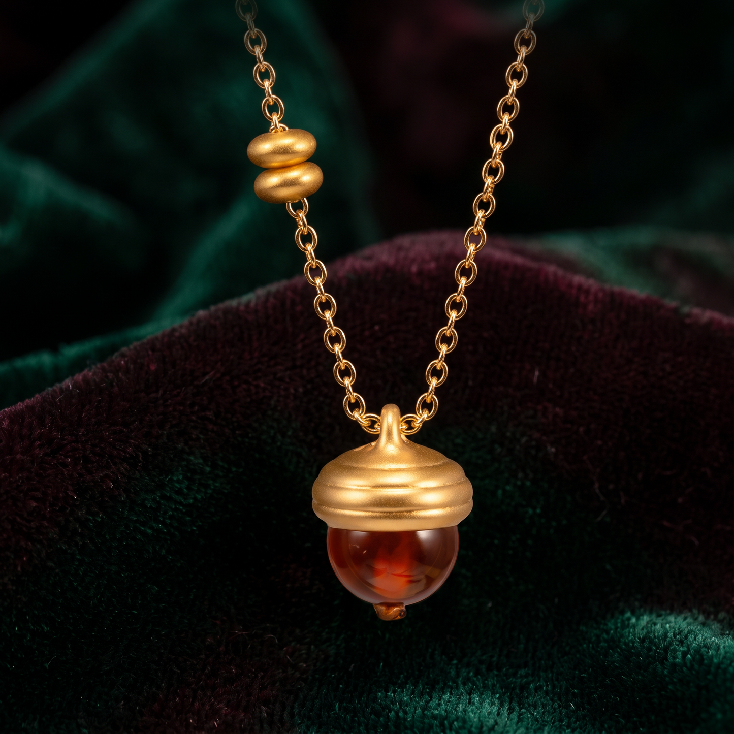 24k Pure 999 Gold Garnet Acorn Charm Pendant Necklace