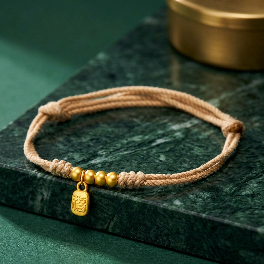24K 999 5D Hard Gold Mini Chinese Fu Blessing Charm Beads Weaving Bracelet