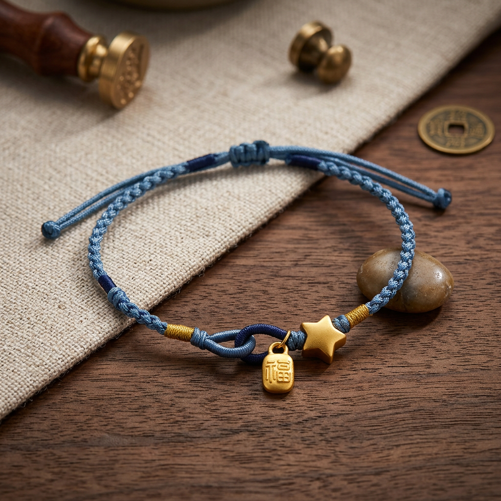 24K 999 5D Hard Gold Mini Chinese Fu Blessing Charm Star Weaving Bracelet