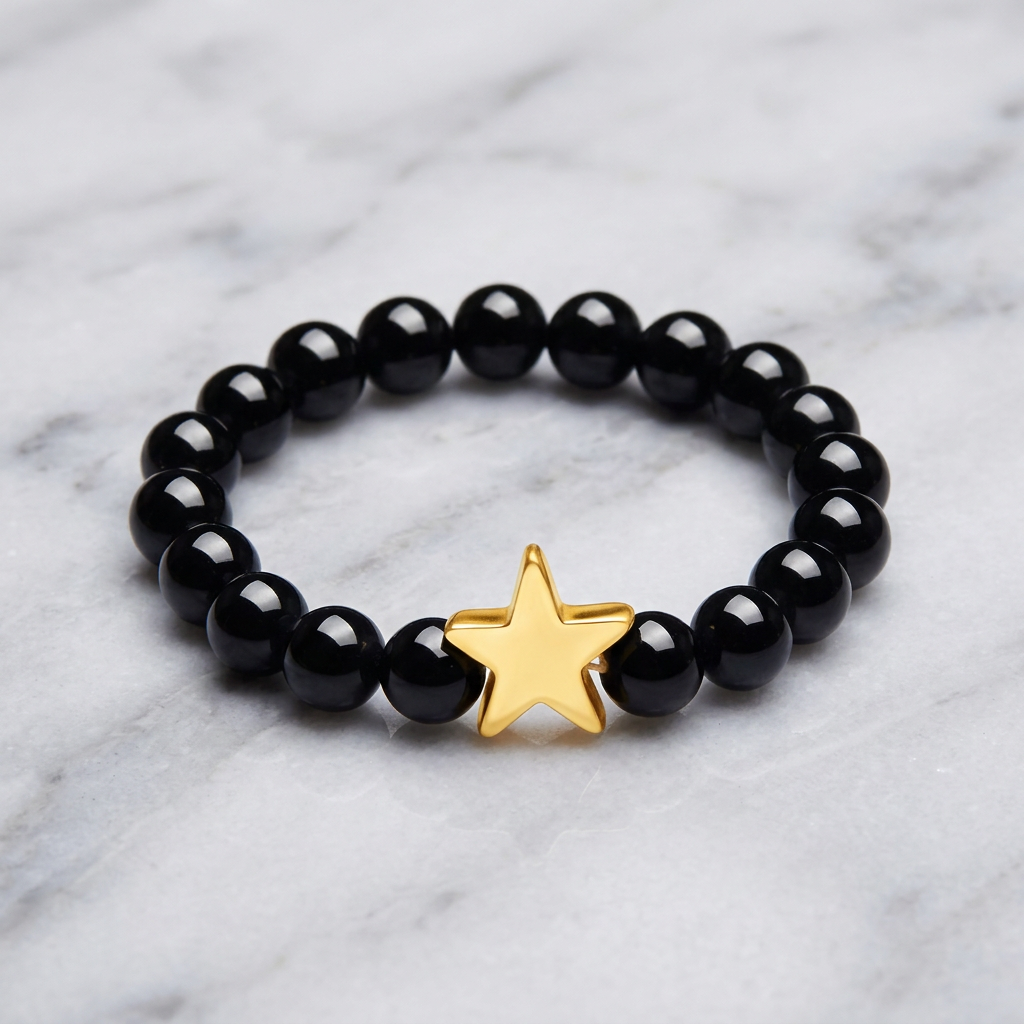24K 999 5D Hard Gold Mini Star Charm Black Agate Beads Ring