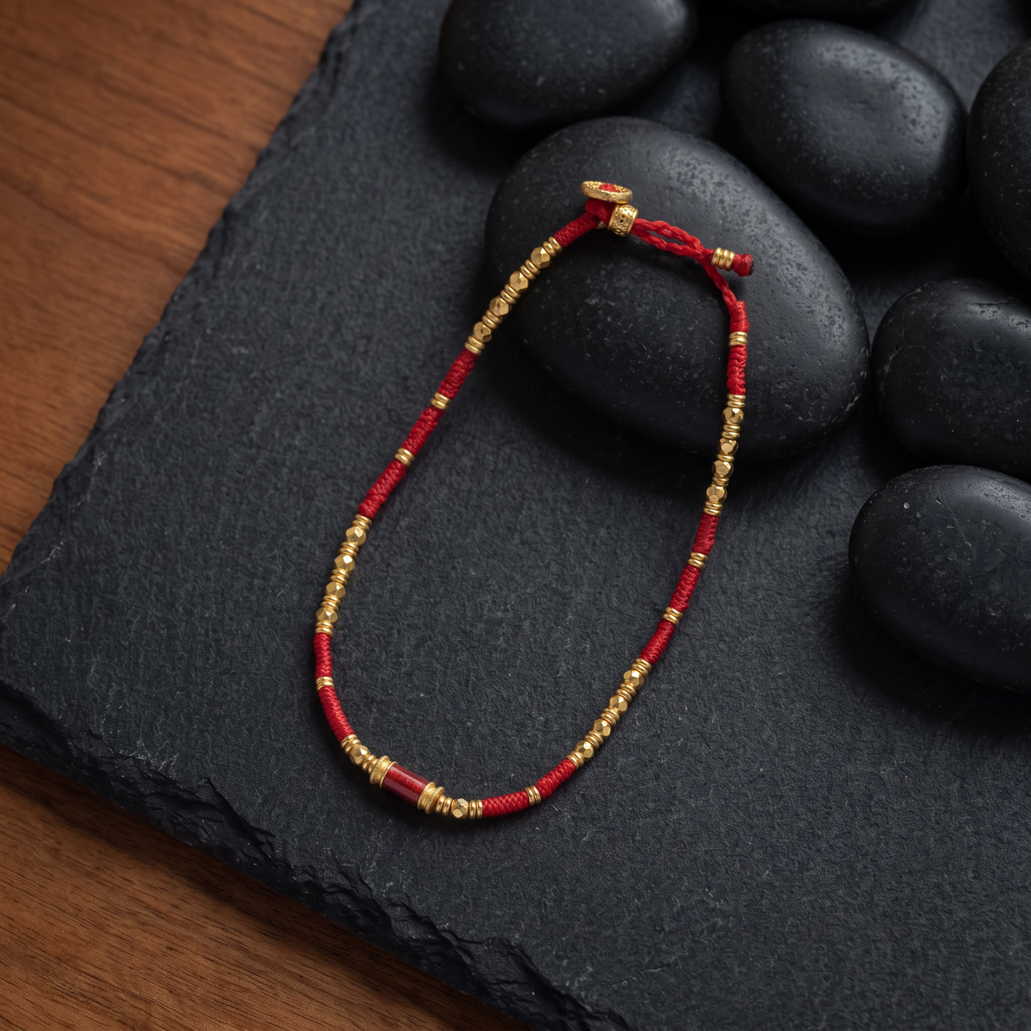 24K 999 Fine Gold Beads Enamel Red Cord Bracelet