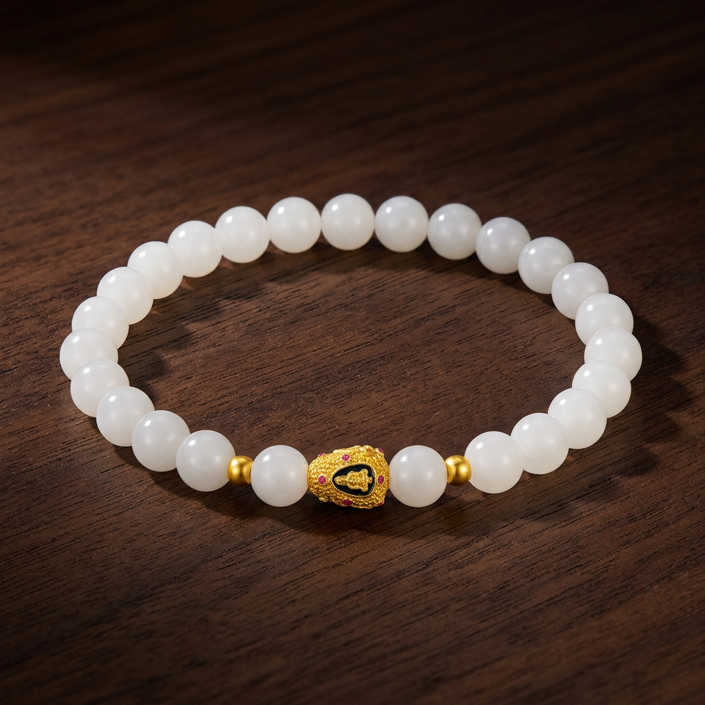 24K Gold Enamel Four-Faced Buddha Charm White Jade Beads Bracelet