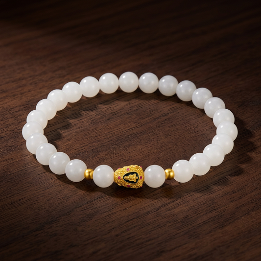 24K Gold Enamel Four-Faced Buddha Charm White Jade Beads Bracelet