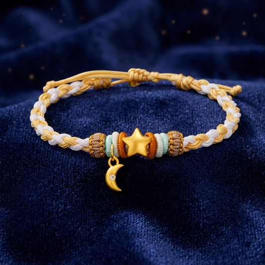 24K 999 Gold Moon and Star Charm Weaving Bracelet