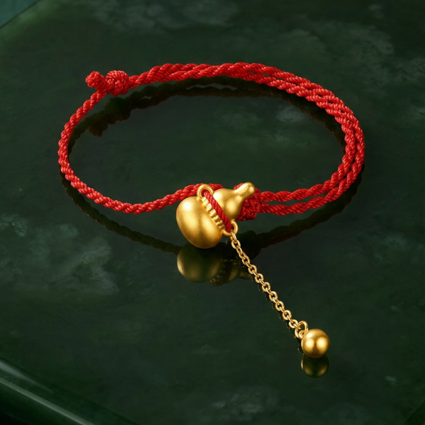 24K Gold Wealth Gourd Charm Dangle Bead with Braided Bracelet