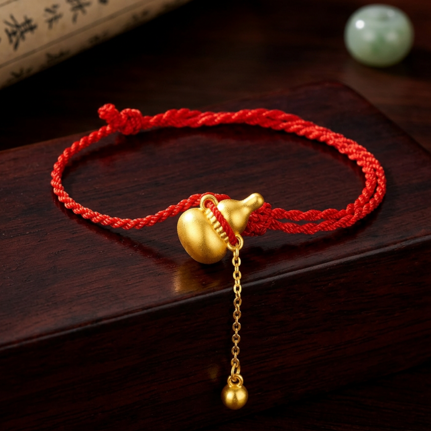 24K Gold Wealth Gourd Charm Dangle Bead with Braided Bracelet
