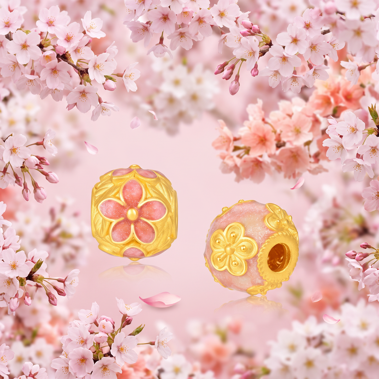 24K Hard Gold Peach Blossom Flower Lucky Rolling Bead D.I.Y Charm Spacer