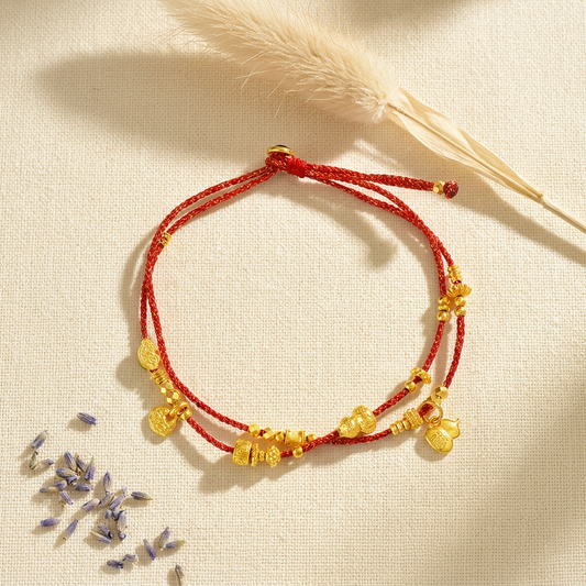 24K 999 Gold Charm Beads Gourd Ruyi Lock Adjustable Cord Bracelet