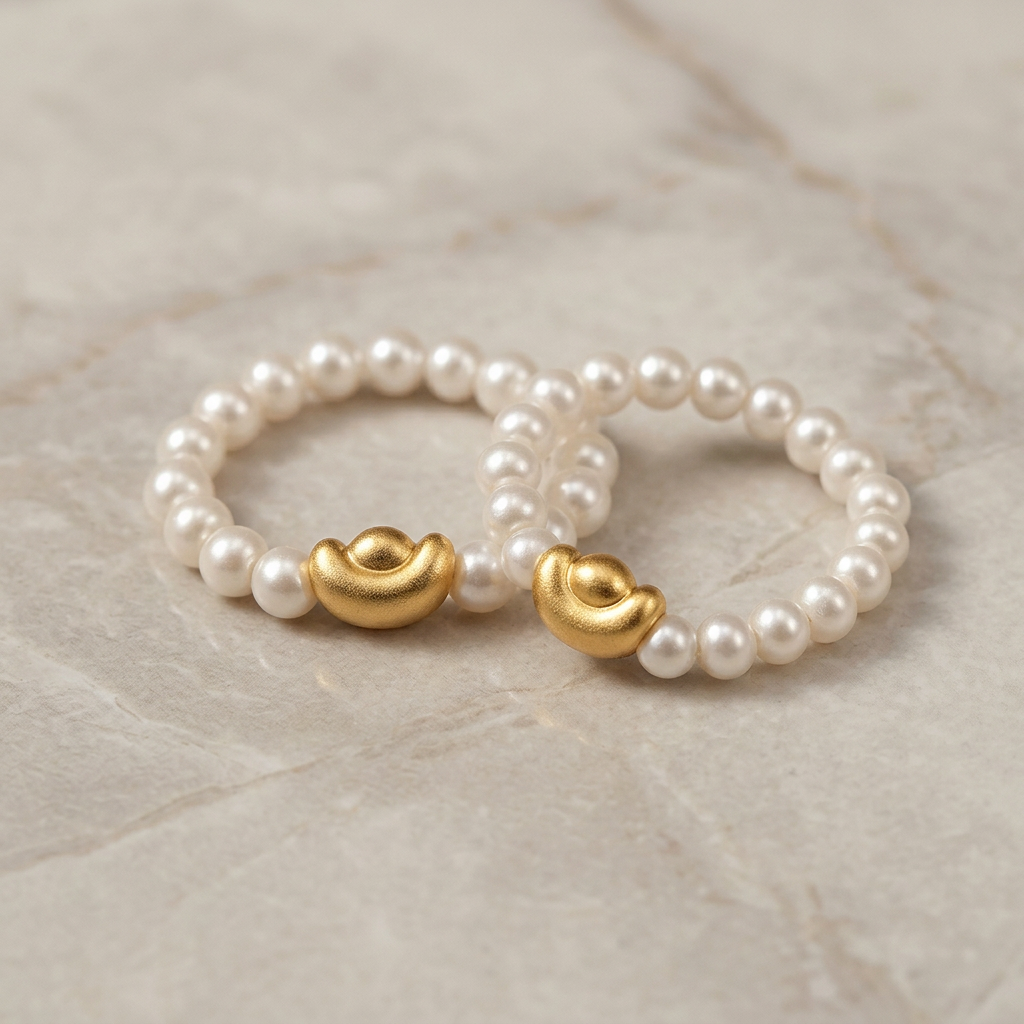 24k Pure 999 Gold Heart Ingot Star Charm Natural Pearl Elegant Minimalist Beaded Ring