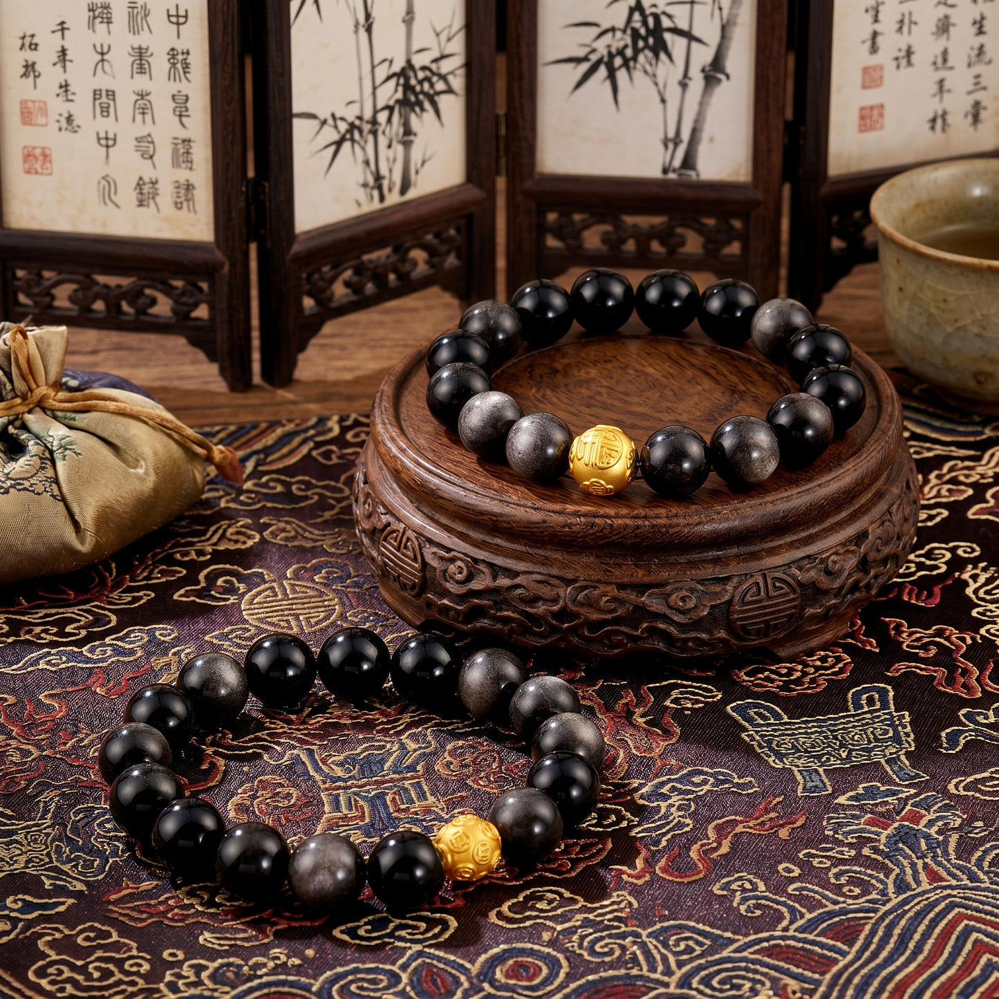 24K 999 Gold Coin Blessing Charm with Silver Sheen Obsidian Beads Bracelet