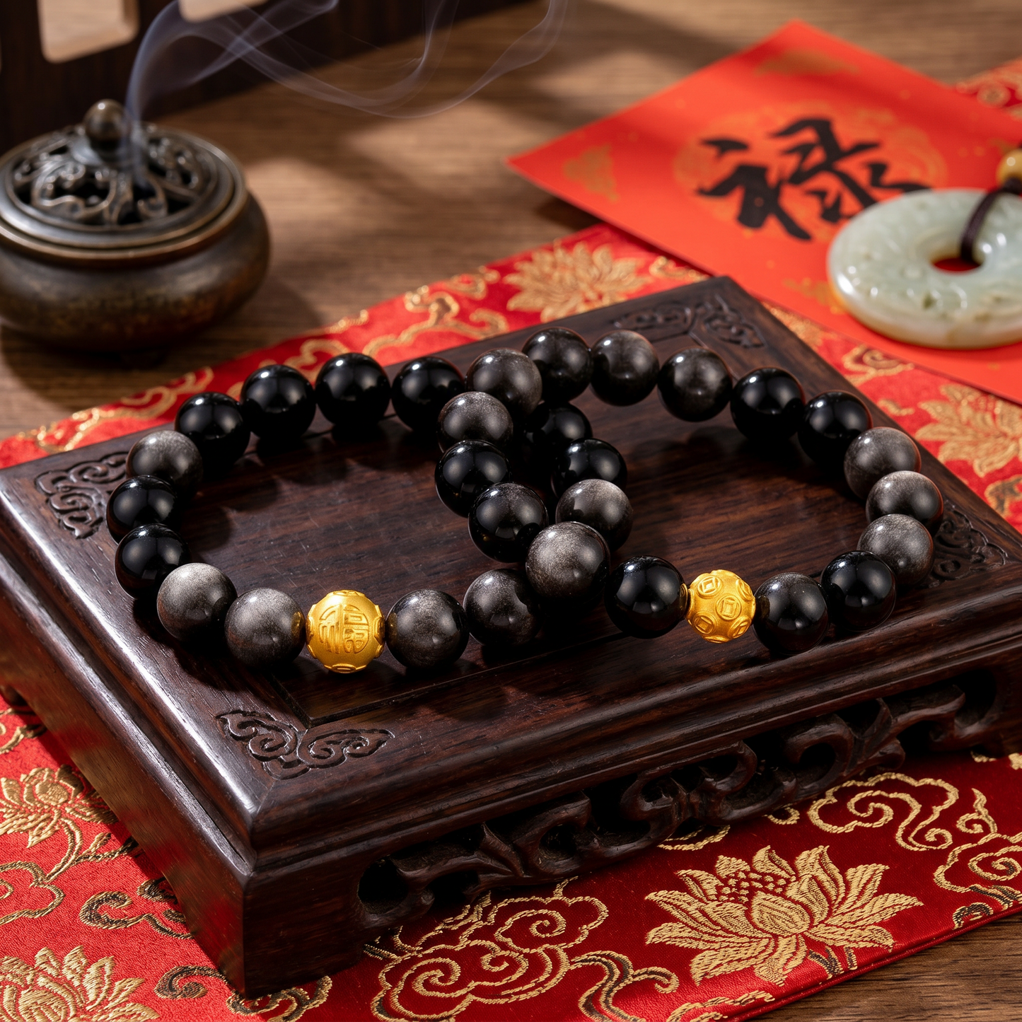 24K 999 Gold Coin Blessing Charm with Silver Sheen Obsidian Beads Bracelet