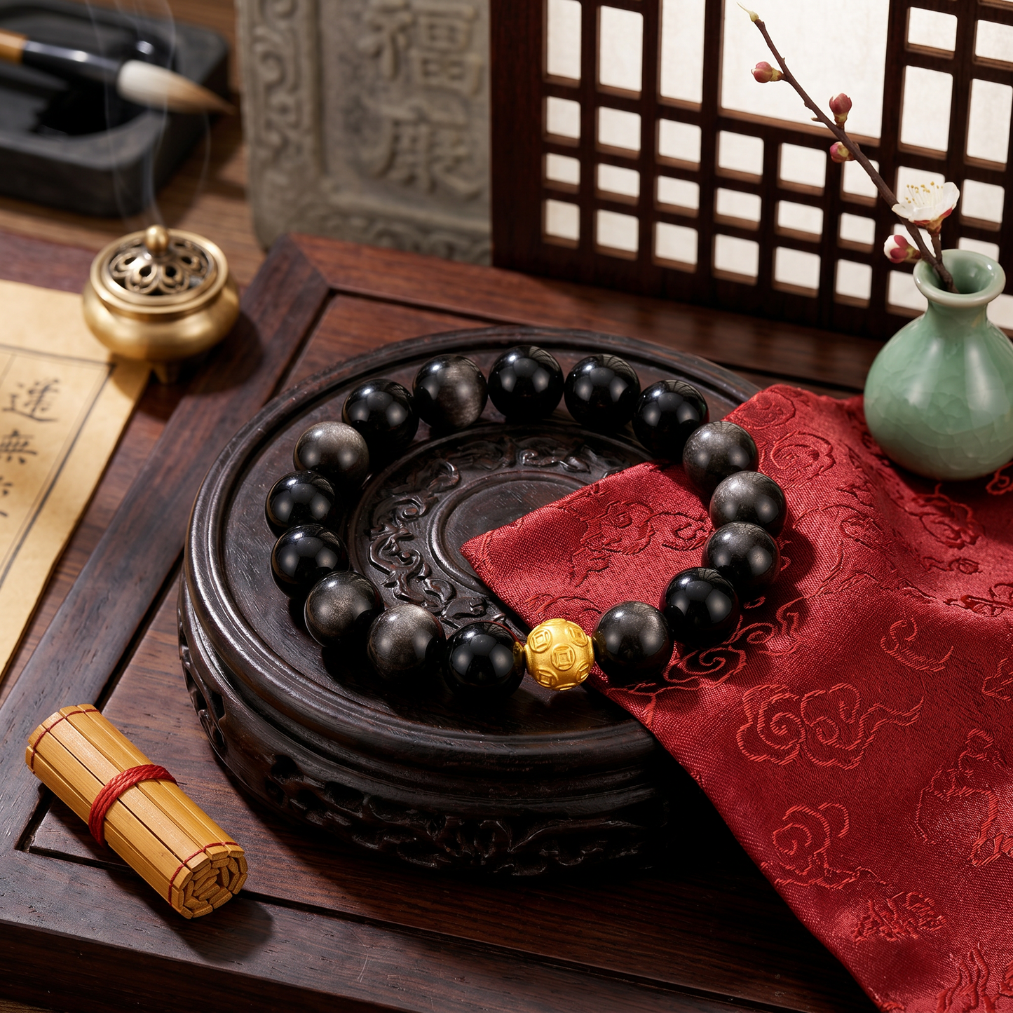 24K 999 Gold Coin Blessing Charm with Silver Sheen Obsidian Beads Bracelet